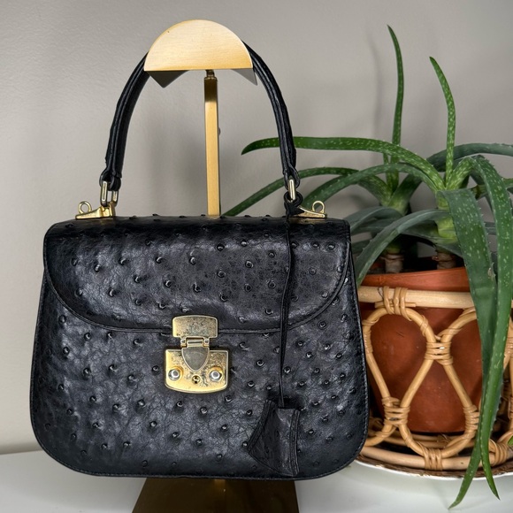 Vintage Genuine Ostrich Leather Black Top Handle Satchel Bag w/ Key & Lock - Picture 1 of 10